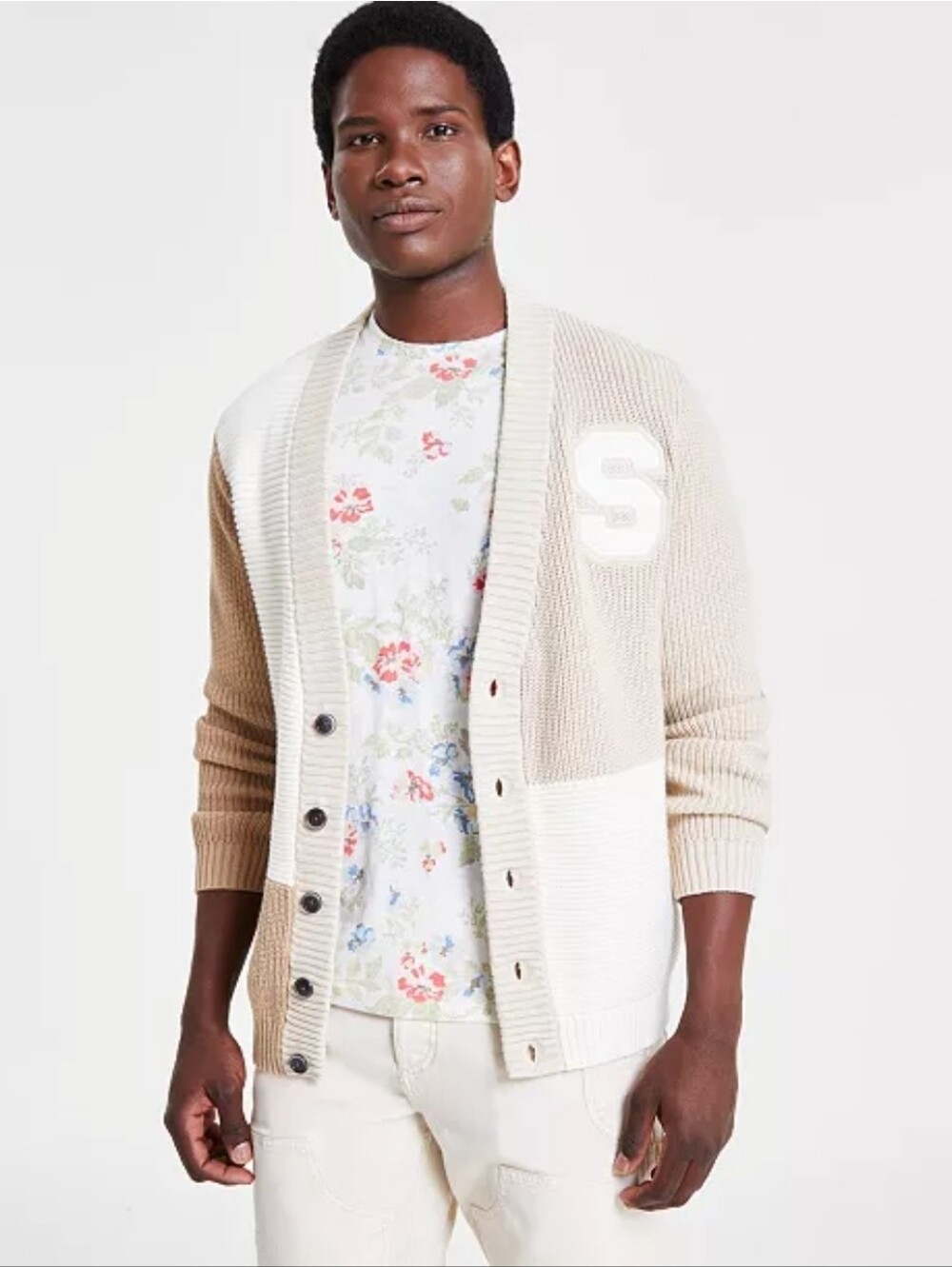 Sun + StoneMen's Regular-Fit Colorblocked Patchwork Cardigan